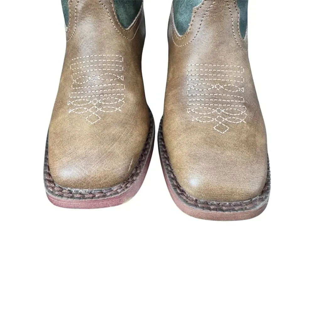 Roper Boys' Arrowheads Western Boots Brown Olive Green Embroidered Size 13